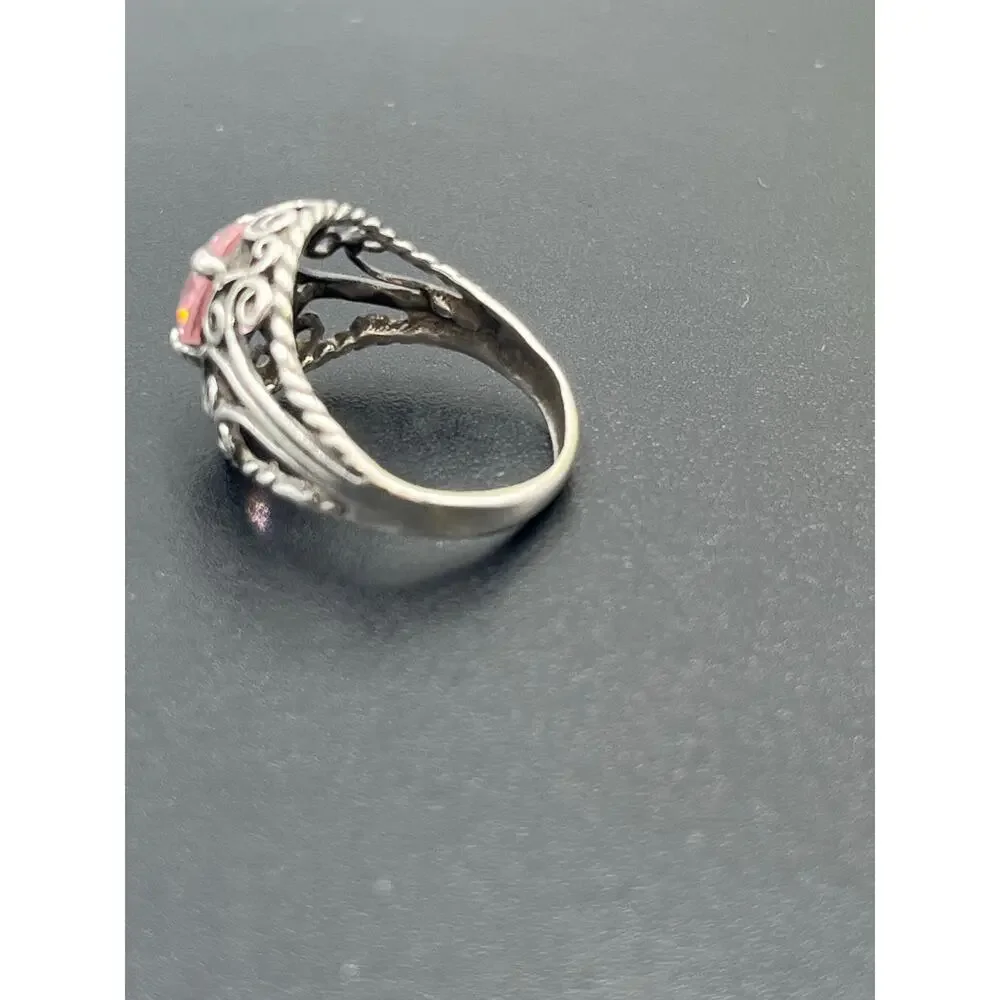 Sterling Silver Vintage Filigree Simulated Pink Sapphire‎ Solitaire Ring 5.25